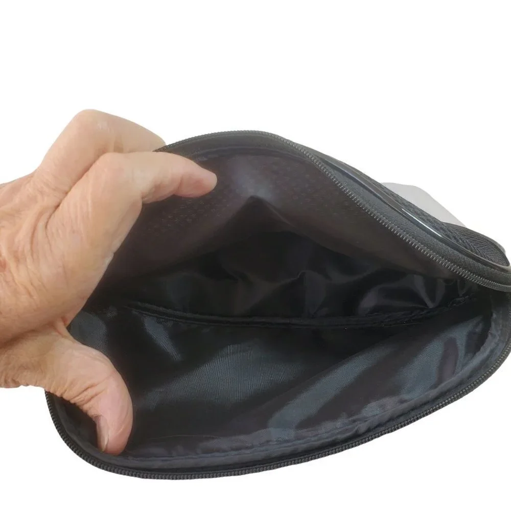 Georgio Armani Black Makeup Bag Nylon Mesh Zip Close 5 x 10 Inches Logo Tab NEW